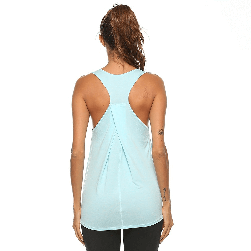 Back view of woman wearing light blue sleeveless fitness tank top, designed for sports with breathable, moisture-wicking fabric.